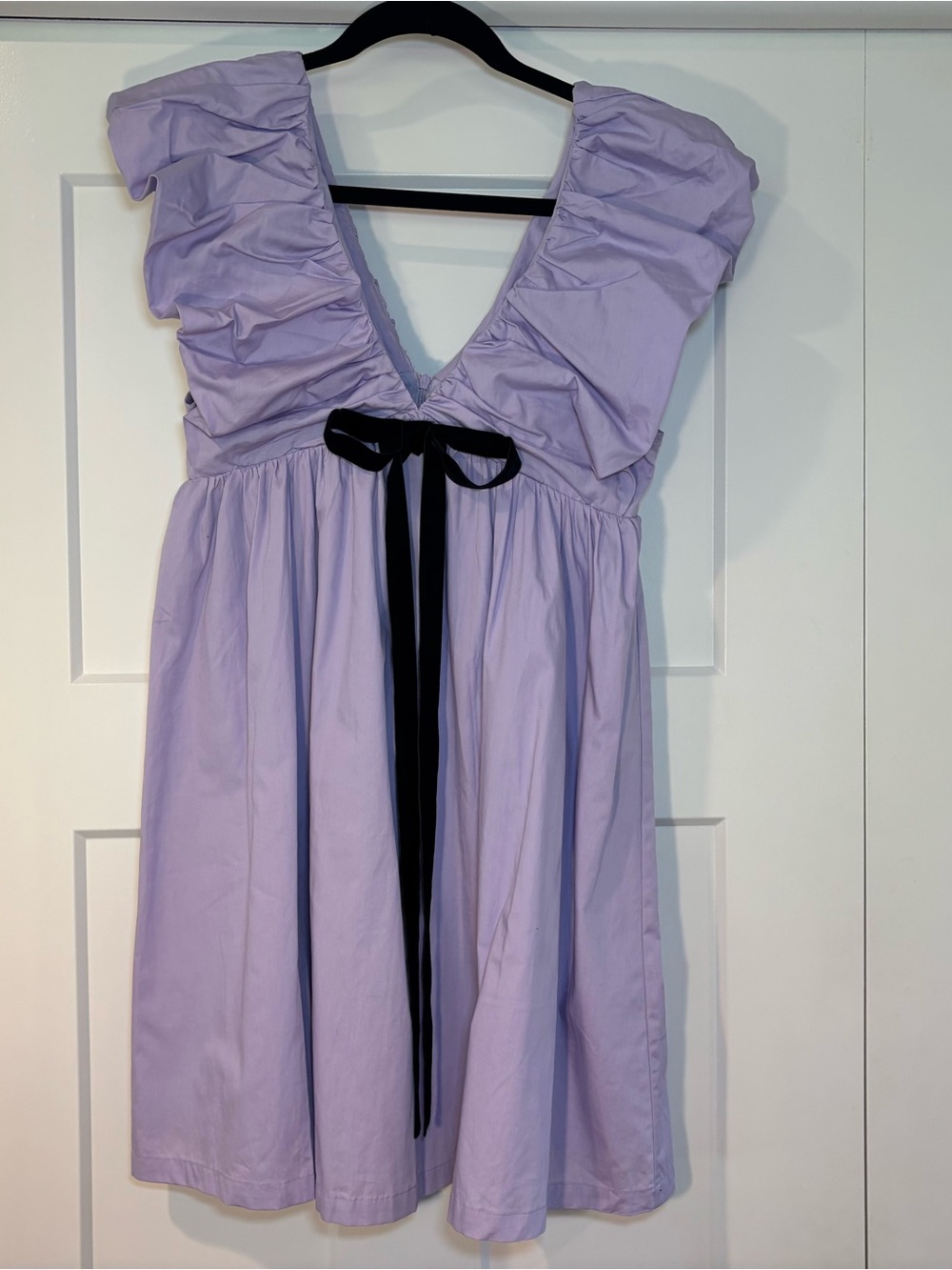 NWT o.p.t Few Moda Didi Lavender Ruffle V-Neck Mini Dress with Black Velvet Tie